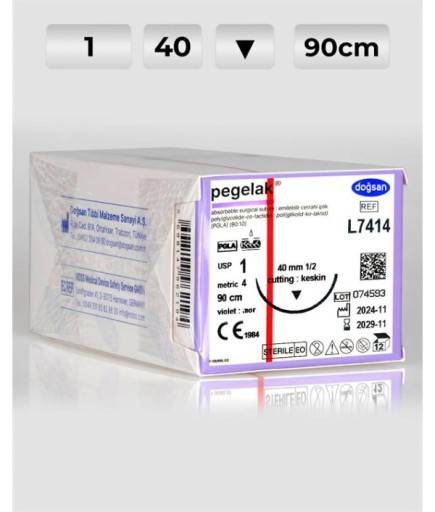 L7414 DOĞSAN Pegelak 1 40 1/2 Keskin (▼) 90Cm PGLA Emilebilir Sütür 12 Ad./Pkt