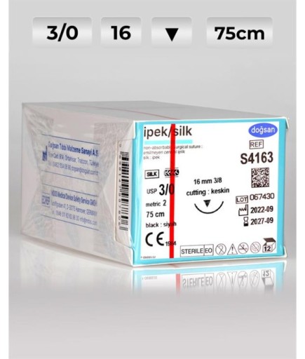 S4163 DOĞSAN İpek 3/0 16 3/8 Keskin (▼) 75Cm İpek Emilemeyen Sütür 12 Ad./Pkt