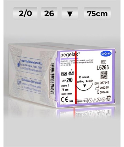 L5263 DOĞSAN Pegelak 2/0 26 3/8 Keskin (▼) 75Cm PGLA Emilebilir Sütür 12 Ad./Pkt