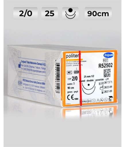 R52502 DOĞSAN Politer 2/0 25 1/2 Yuvarlak (●),Çift 90Cm Polyester Emilemeyen Sütür 12 Ad./Pkt