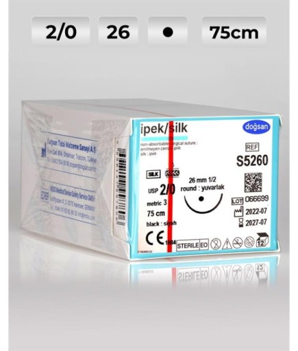 S5260 DOĞSAN İpek 2/0 26 1/2 Yuvarlak (●) 75Cm İpek Emilemeyen Sütür 12 Ad./Pkt