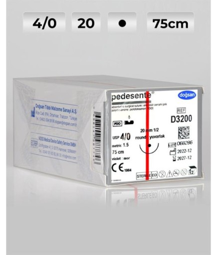 D3200 DOĞSAN Pedesente 4/0 20 1/2 Yuvarlak (●) 75Cm PDO Emilebilir Sütür 12 Ad./Pkt