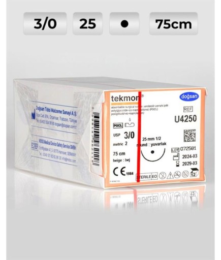 U4250 DOĞSAN Tekmon 3/0 25 1/2 Yuvarlak (●) 75Cm PGCL Emilebilir Sütür 12 Ad./Pkt