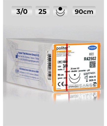 R42502 DOĞSAN Politer 3/0 25 1/2 Yuvarlak (●),Çift 90Cm Polyester Emilemeyen Sütür 12 Ad./Pkt