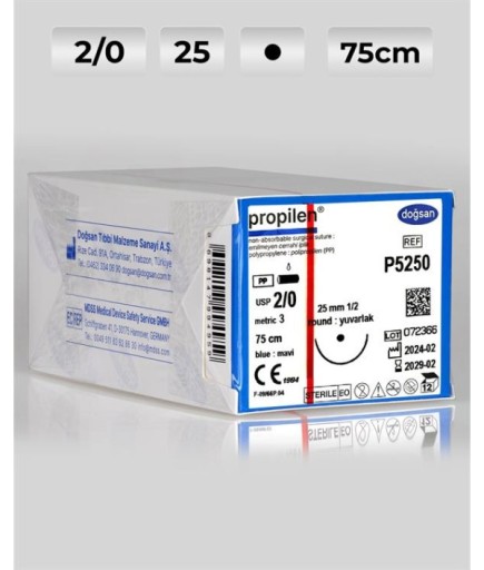 P5250 DOĞSAN Propilen 2/0 25 1/2 Yuvarlak (●) 75Cm Polipropilen Emilemeyen Sütür 12 Ad./Pkt