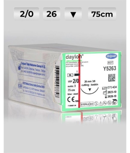 Y5263 DOĞSAN Daylon 2/0 26 3/8 Keskin (▼) 75Cm Polyamid Emilemeyen Sütür 12 Ad./Pkt