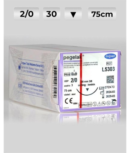 L5303 DOĞSAN Pegelak 2/0 30 3/8 Keskin (▼) 75Cm PGLA Emilebilir Sütür 12 Ad./Pkt