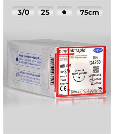 Q4250 DOĞSAN Pegelak Rapid 3/0 25 1/2 Yuvarlak (●) 75Cm PGLA Emilebilir Sütür 12 Ad./Pkt