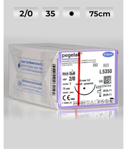 L5350 DOĞSAN Pegelak 2/0 35 1/2 Yuvarlak (●) 75Cm PGLA Emilebilir Sütür 12 Ad./Pkt
