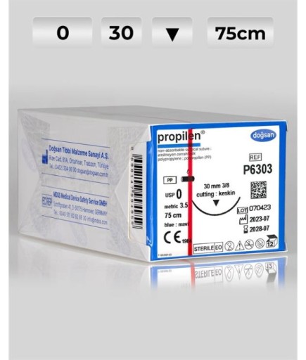 P6303 DOĞSAN Propilen 0 30 3/8 Keskin (▼) 75Cm Polipropilen Emilemeyen Sütür 12 Ad./Pkt