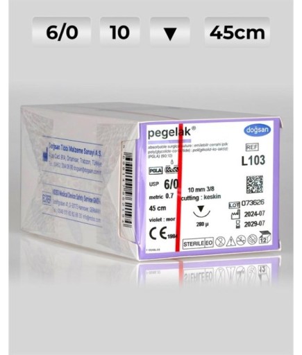 L103 DOĞSAN Pegelak 6/0 10 3/8 Keskin (▼) 45Cm PGLA Emilebilir Sütür 12 Ad./Pkt