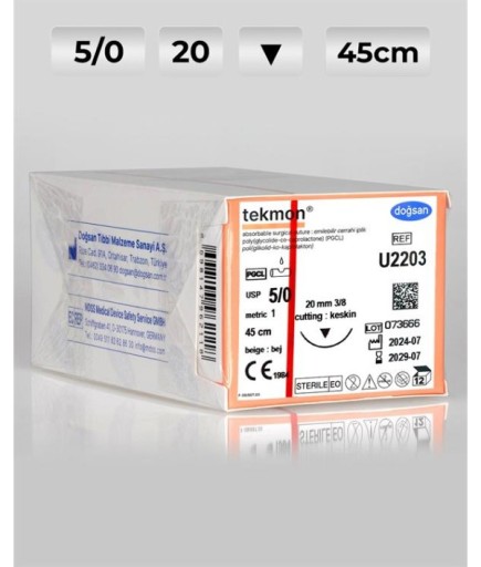 U2203 DOĞSAN Tekmon 5/0 20 3/8 Keskin (▼) PGCL Emilebilir Sütür