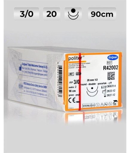 R42002 DOĞSAN Politer 3/0 20 1/2 Yuvarlak (●),Çift 90Cm Polyester Emilemeyen Sütür 12 Ad./Pkt