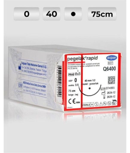 Q6400 DOĞSAN Pegelak Rapid 0 40 1/2 Yuvarlak (●) 75Cm PGLA Emilebilir Sütür 12 Ad./Pkt