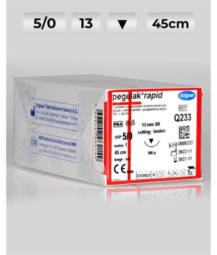 Q233 DOĞSAN Pegelak Rapid 5/0 13 3/8 Keskin (▼) 45Cm PGLA Emilebilir Sütür 12 Ad./Pkt