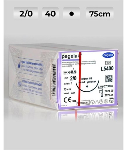 L5400 DOĞSAN Pegelak 2/0 40 1/2 Yuvarlak (●) 75Cm PGLA Emilebilir Sütür 12 Ad./Pkt