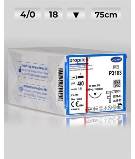 P3183 DOĞSAN Propilen 4/0 18 3/8 Keskin (▼) 75Cm Polipropilen Emilemeyen Sütür 12 Ad./Pkt