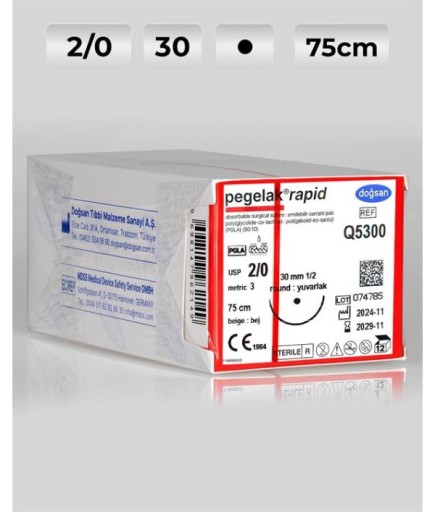 Q5300 DOĞSAN Pegelak Rapid 2/0 30 1/2 Yuvarlak (●) 75Cm PGLA Emilebilir Sütür 12 Ad./Pkt