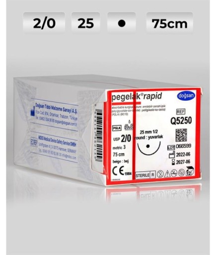Q5250 DOĞSAN Pegelak Rapid 2/0 25 1/2 Yuvarlak (●) 75Cm PGLA Emilebilir Sütür 12 Ad./Pkt
