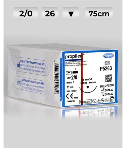 P5263 DOĞSAN Propilen 2/0 26 3/8 Keskin (▼) 75Cm Polipropilen Emilemeyen Sütür 12 Ad./Pkt