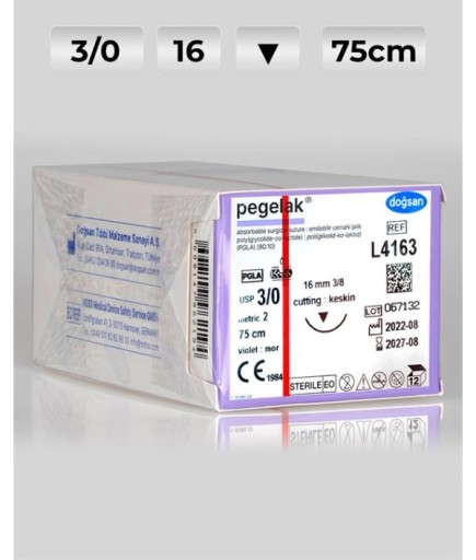 L4163 DOĞSAN Pegelak 3/0 16 3/8 Keskin (▼) 75Cm PGA Emilebilir Sütür 12 Ad./Pkt