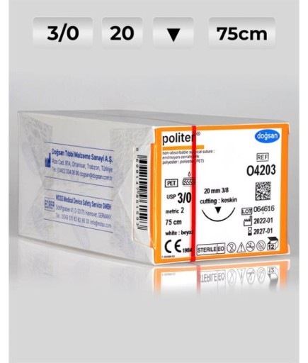 O4203 DOĞSAN Politer 3/0 20 3/8 Keskin (▼) 75Cm Polyester Emilemeyen Sütür 12 Ad./Pkt