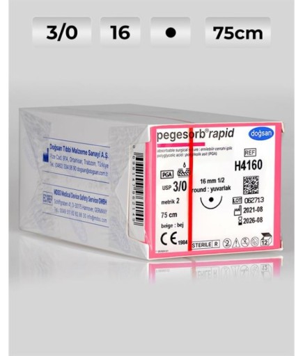H4160 DOĞSAN Pegesorb Rapid 3/0 16 1/2 Yuvarlak (●) 75Cm PGLA Emilebilir Sütür 12 Ad./Pkt