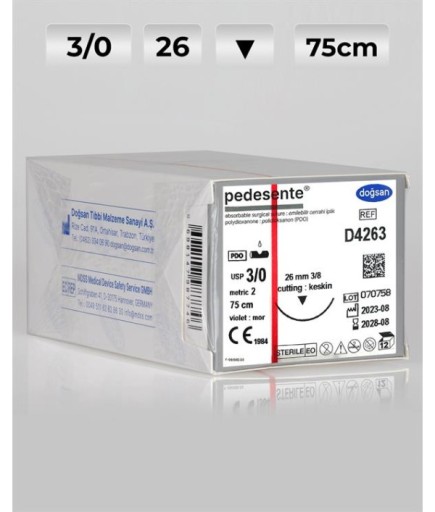 D4263 DOĞSAN Pedesente 3/0 26 3/8 Keskin (▼) 75Cm PDO Emilebilir Sütür 12 Ad./Pkt