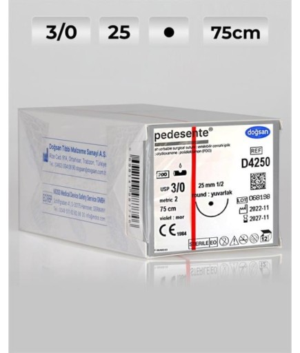 D4250 DOĞSAN Pedesente 3/0 25 1/2 Yuvarlak (●) 75Cm PDO Emilebilir Sütür 12 Ad./Pkt
