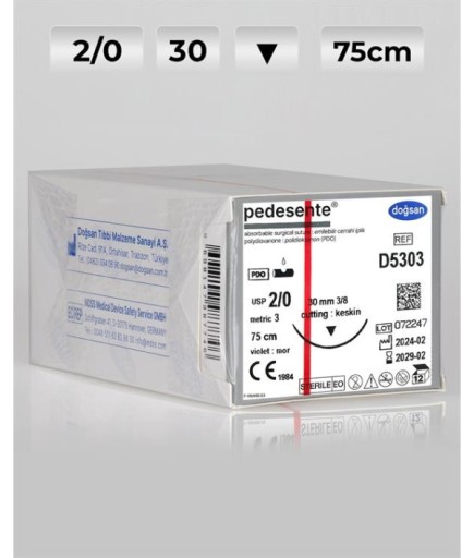 D5303 DOĞSAN Pedesente 2/0 30 3/8 Keskin (▼) 75Cm PDO Emilebilir Sütür 12 Ad./Pkt