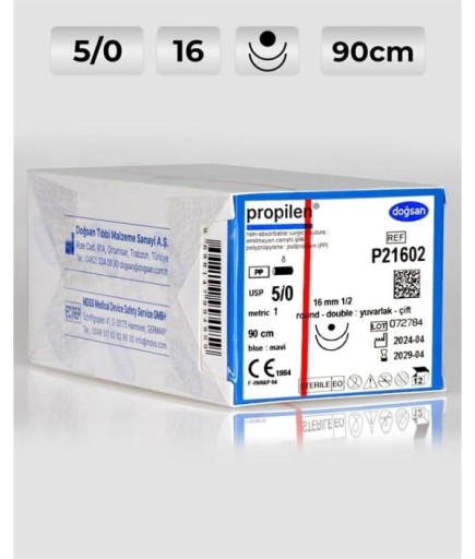 P21602 DOĞSAN Propilen 5/0 16 1/2 Yuvarlak (●),Çift 90Cm Polipropilen Emilemeyen Sütür 12 Ad./Pkt