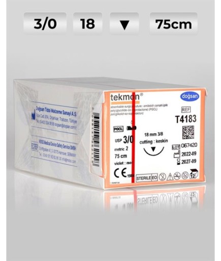 T4183 DOĞSAN Tekmon 3/0 18 3/8 Keskin (▼) 75Cm PGCL Emilebilir Sütür 12 Ad./Pkt