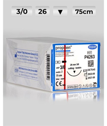 P4263 DOĞSAN Propilen 3/0 26 3/8 Keskin (▼) 75Cm Polipropilen Emilemeyen Sütür 12 Ad./Pkt