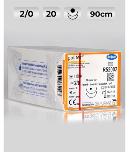R52002 DOĞSAN Politer 2/0 20 1/2 Yuvarlak (●),Çift 90Cm Polyester Emilemeyen Sütür 12 Ad./Pkt