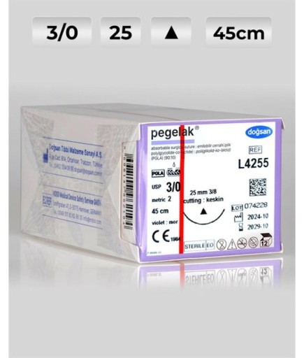 L4255 DOĞSAN Pegelak 3/0 25 3/8 Keskin (Δ) 45Cm PGLA Emilebilir Sütür 12 Ad./Pkt