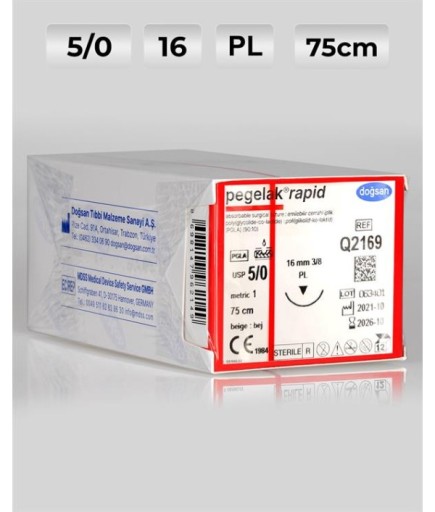 Q2169 DOĞSAN Pegelak Rapid 5/0 16 3/8 PL 75Cm PGLA Emilebilir Sütür 12 Ad./Pkt