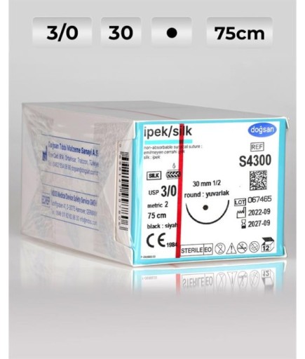 S4300 DOĞSAN İpek 3/0 30 1/2 Yuvarlak (●) 75Cm İpek Emilemeyen Sütür 12 Ad./Pkt