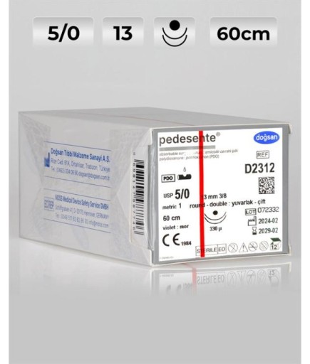 D2312 DOĞSAN Pedesente 5/0 13 3/8 Yuvarlak (●),Çift 60Cm PDO Emilebilir Sütür 12 Ad./Pkt