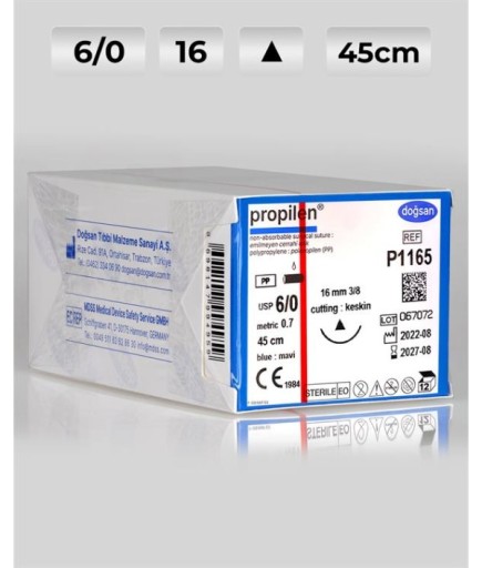 P1165 DOĞSAN Propilen 6/0 16 3/8 Keskin (Δ) 45Cm Polipropilen Emilemeyen Sütür 12 Ad./Pkt