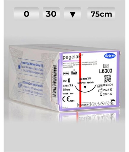 L6303 DOĞSAN Pegelak 0 30 3/8 Keskin (▼) 75Cm PGLA Emilebilir Sütür 12 Ad./Pkt