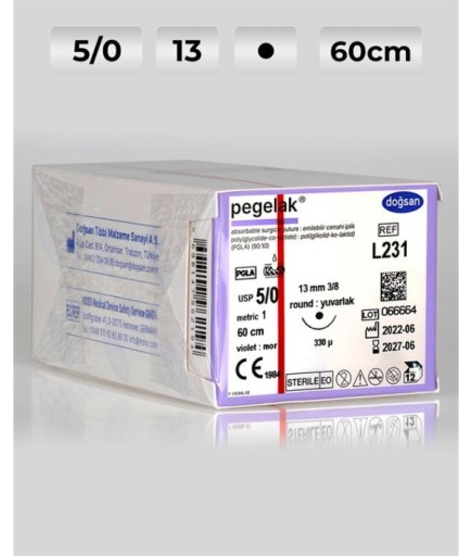 L231 DOĞSAN Pegelak 5/0 13 3/8 Yuvarlak (●) 60Cm PGLA Emilebilir Sütür 12 Ad./Pkt