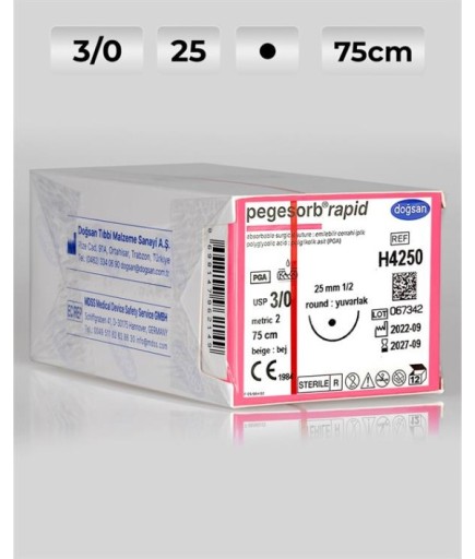H4250 DOĞSAN Pegesorb Rapid 3/0 25 1/2 Yuvarlak (●) 75Cm PGLA Emilebilir Sütür 12 Ad./Pkt