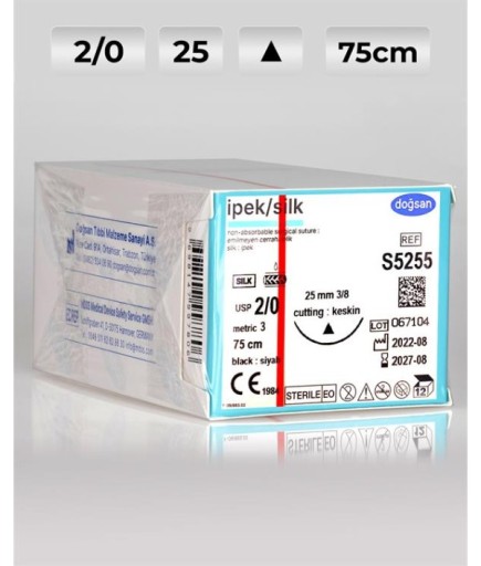 S5255 DOĞSAN İpek 2/0 25 3/8 Keskin (Δ) 75Cm İpek Emilemeyen Sütür 12 Ad./Pkt