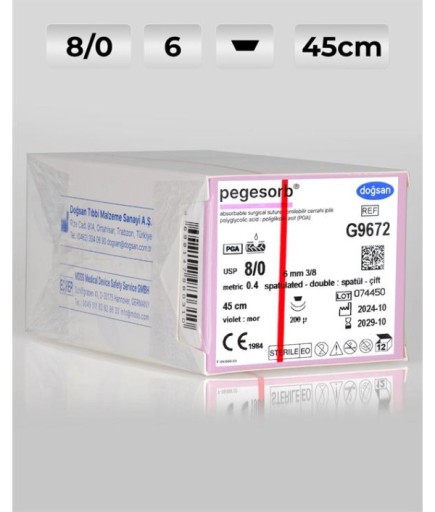 G9672 DOĞSAN Pegesorb 8/0 6 3/8 Spatül 45Cm PGA Emilebilir Sütür 12 Ad./Pkt