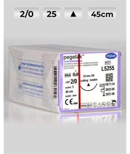 L5255 DOĞSAN Pegelak 2/0 25 3/8 Keskin (Δ) 45Cm PGLA Emilebilir Sütür 12 Ad./Pkt