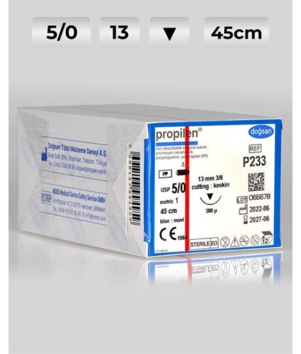 P233 DOĞSAN Propilen 5/0 13 3/8 Keskin (▼) 45Cm Polipropilen Emilemeyen Sütür 12 Ad./Pkt