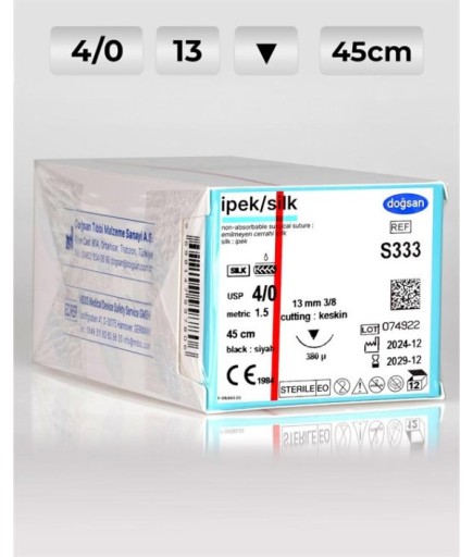 S333 DOĞSAN İpek 4/0 13 3/8 Keskin (▼) 45Cm İpek Emilemeyen Sütür 12 Ad./Pkt