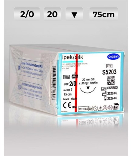S5203 DOĞSAN İpek 2/0 20 3/8 Keskin (▼) 75Cm İpek Emilemeyen Sütür 12 Ad./Pkt