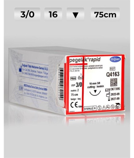 Q4163 DOĞSAN Pegelak Rapid 3/0 16 3/8 Keskin (▼) 75Cm PGLA Emilebilir Sütür 12 Ad./Pkt