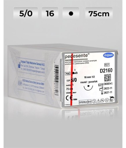 D2160 DOĞSAN Pedesente 5/0 16 1/2 Yuvarlak (●) 75Cm PDO Emilebilir Sütür 12 Ad./Pkt